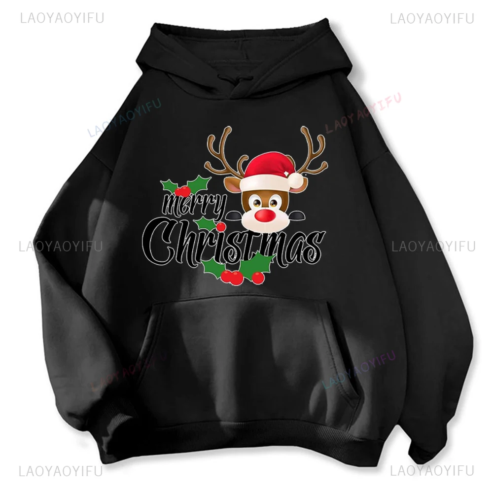 Cute Christmas Moose Lights Graphic Sweatshirt Harajuku Hip-hop Men Women Hoodies Funny Christmas Gift Comfort Warmth Hooded