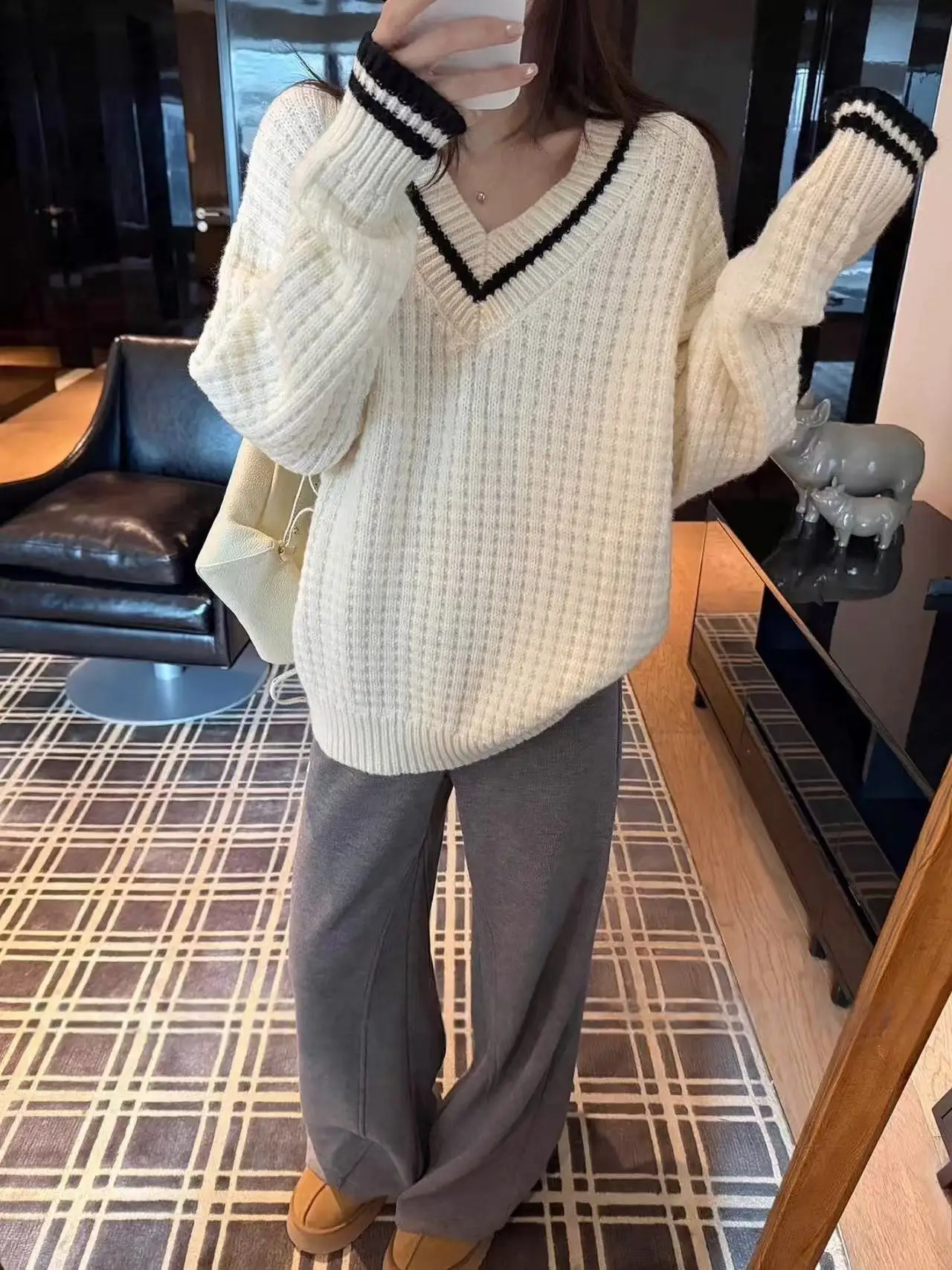 Casual V-Ne Übergroßen Gestrickte Pullover frauen Herbst Winter Neue Sle Koreanische Lose Fit T-shirt Weiche Thiened Farbe Blo