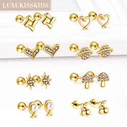 LUXUKISSKIDS серьги Hexagram Star Stud Earring Surgical Steel Piercing For Woman/Girl Cherry Heart Gold Plated Small Ear Jewelry