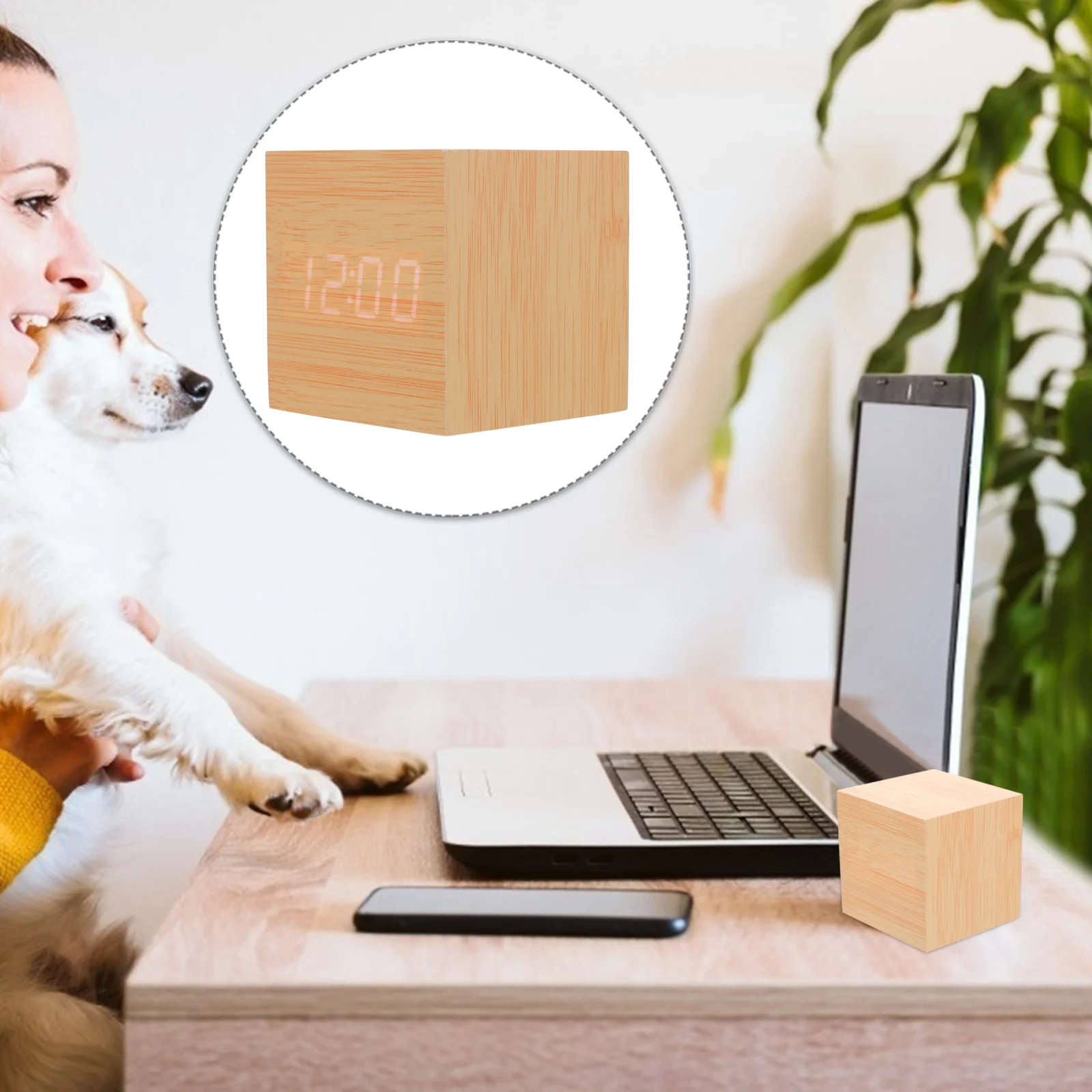 

1Pcs Electronic Alarm Clock Wooden LED Square Dual Display Digital Temperature Bedside Voice Control Desk Clock Anti-Snooze