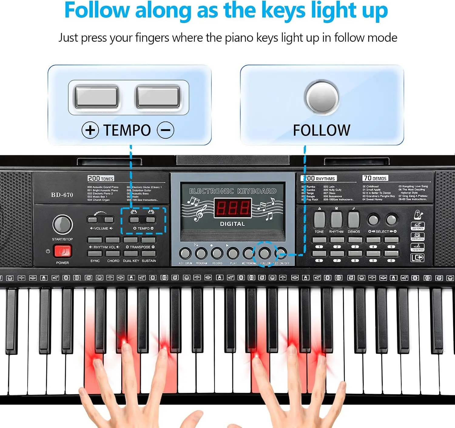 61-Key Piano Keyboard for Beginners with Stand and Bench, Lighted Keys in Follow Mode