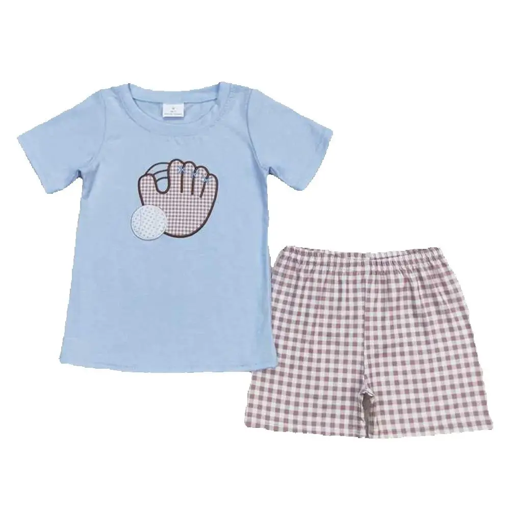 

Baby Boys Blue Baseball Short Sleeve Top Checkered Shorts Clothes Sets