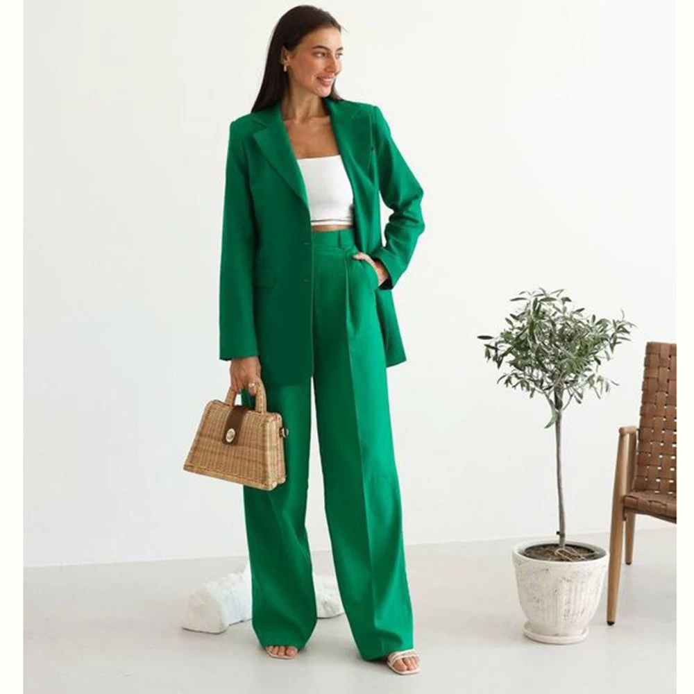 Smart Causal Green White Women Suit Single Breasted 2 Piece Jacket Pants Female Clothing Loose Elegant Office Lady Blazer Set