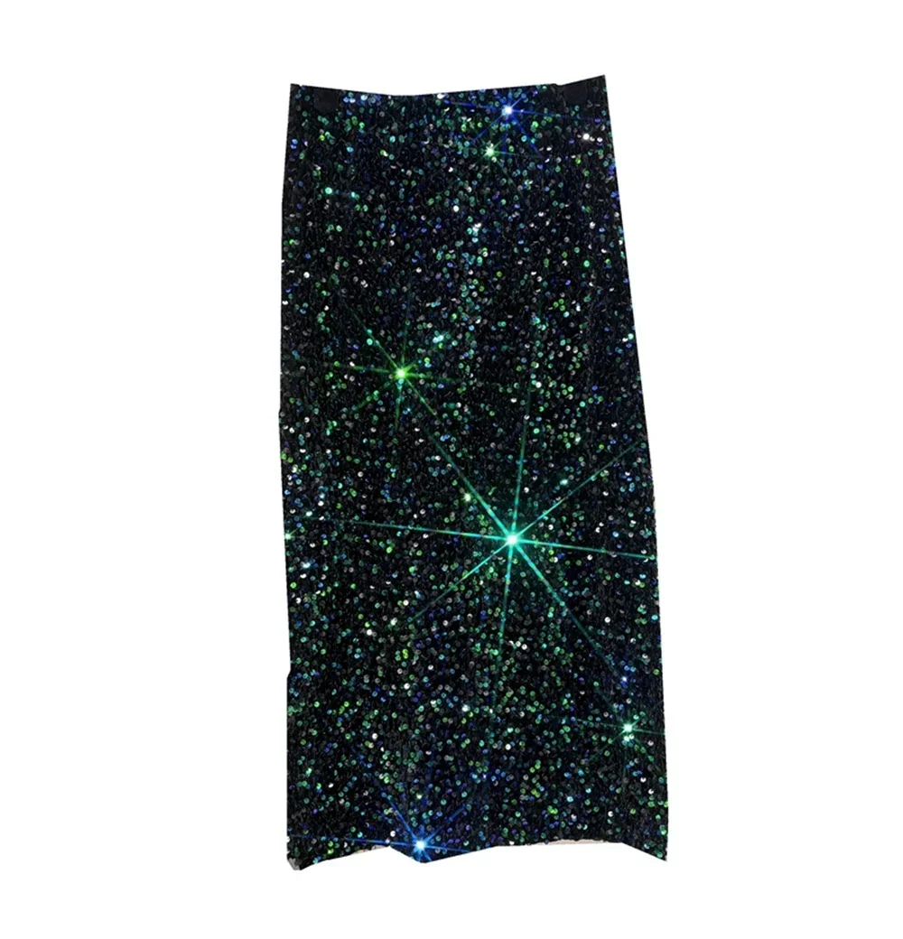 2024 New Thickened French High-waisted Slim, Versatile Mid-length Skirt with Hip Wrap Slit Black Sequin Skirt for Women