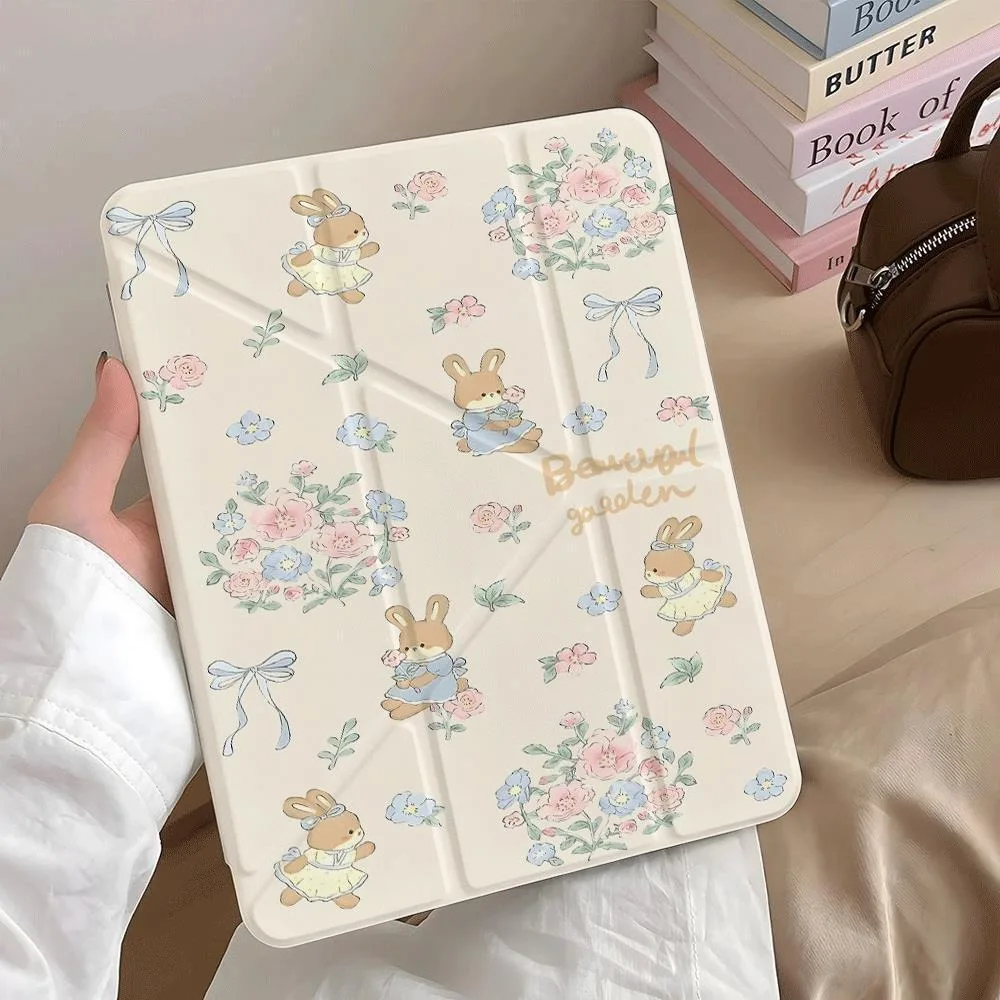 Floral Bunny Beautiful Garden Pen Slot Tablet Case For iPad 2026 Air 8 7 6 4 3 2 1 Pro 2024 11in 12th 11 10 9 8 7 6 5th Cover