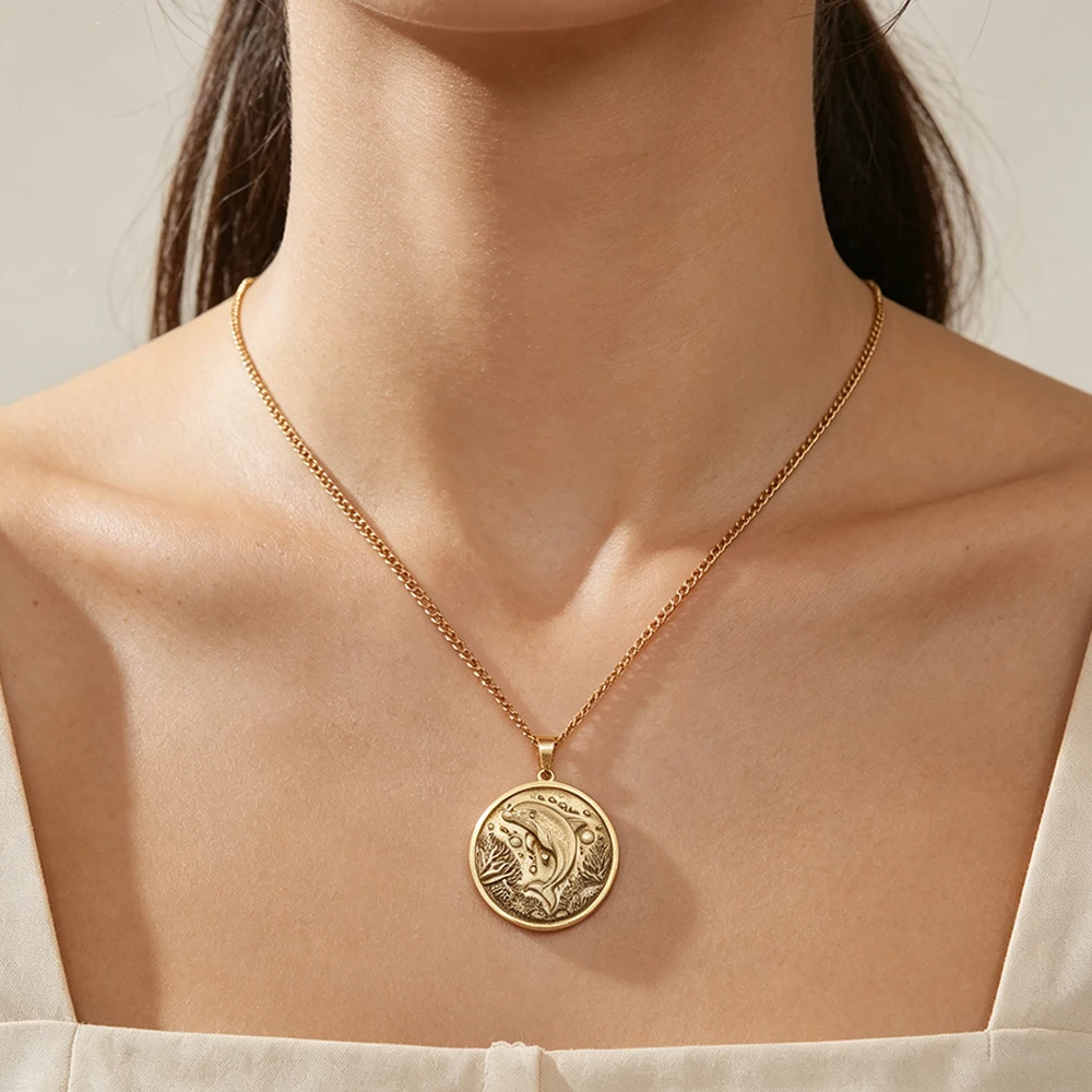 Vintage Dolphin Pendant Necklace 3D Relief Embossed Brass Ocean Theme Medallion Stainless Steel Chain Marine Animal Jewelry Gift