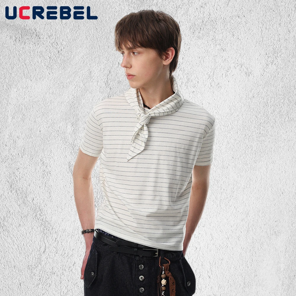 

Retro Striped Short Sleeve T-shirt Mens Removable Tie Summer Streetwear Loose Cotton Tee Man Tshirt
