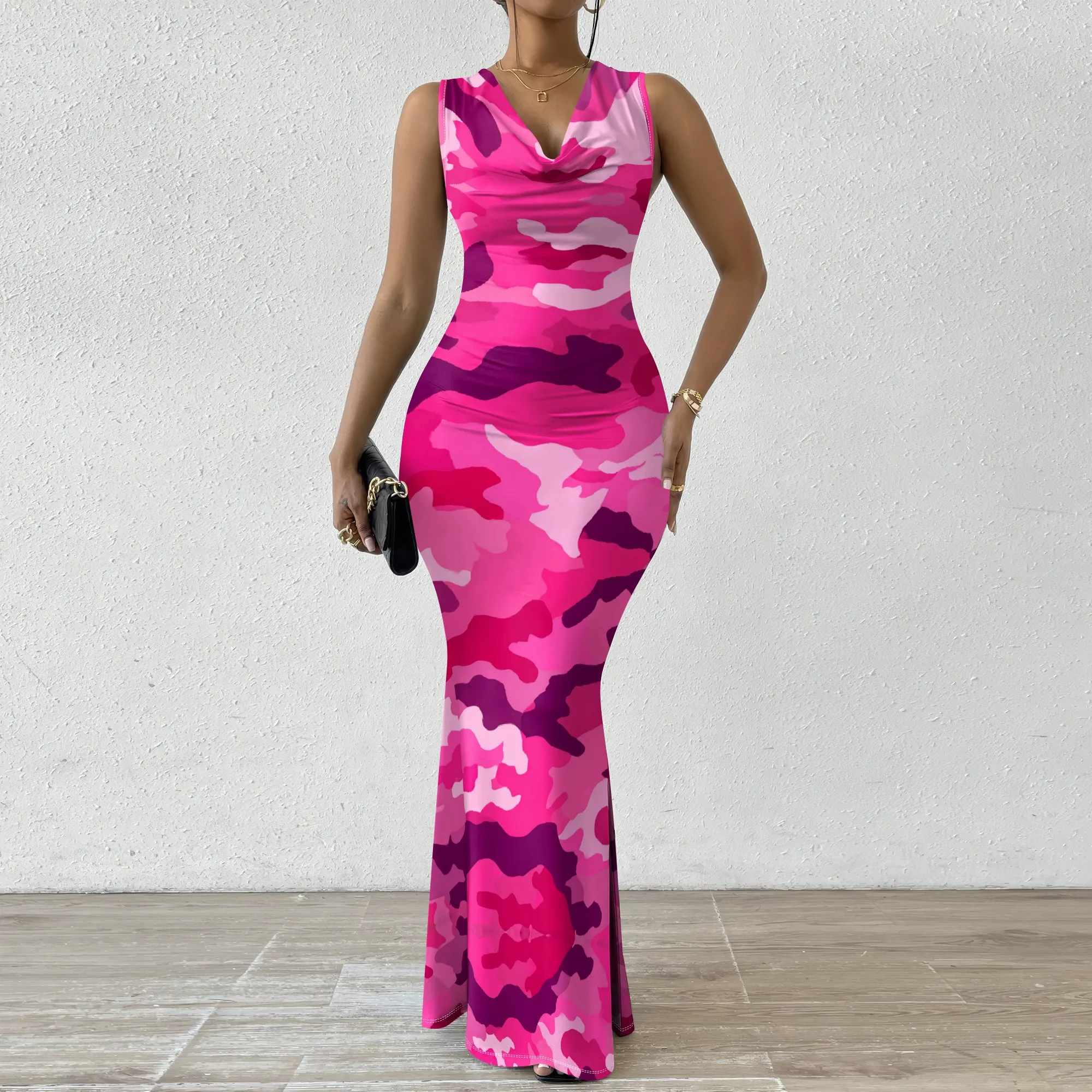 

Pink Camo Print Bodycon Maxi Dress XS-2XL Sleeveless Cowl Neck Slim Fit for Nightclub, Date Night or Valentine’s Day