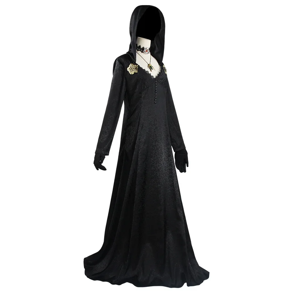 Game Evil Village Vampire Lady Daniela Dimitrescu Cosplay Costume Black Dress Outfit Adult Women Halloween Carnival Suit