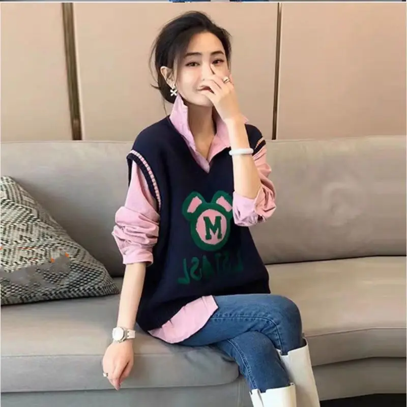 2023 Autumn/Winter Korean Edition New Knitted Vest+Shirt Women's Two Piece Set Small and Fashionable Reduce Age