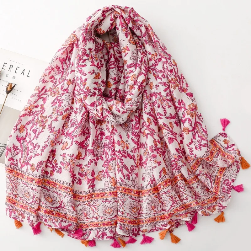 Artistic Style Tassel Cotton Linen Feeling Shawl for Women Floral Print Silk Scarf Fresh Muslim Female Hijab Headwear for Travel