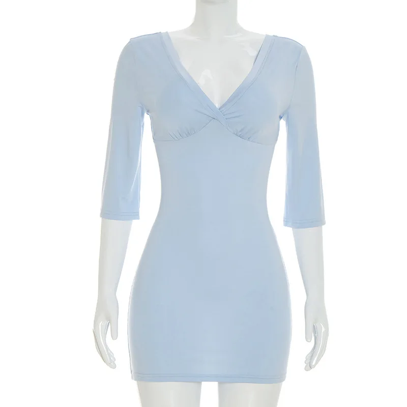 Absobe Women Twist V-hals Bodycon Mini Jurk Slim Mid Sleeve Effen Kleur Sexy Y2K Casual T-shirtjurk Date Vakantie Outfit 2026 - afbeelding 1