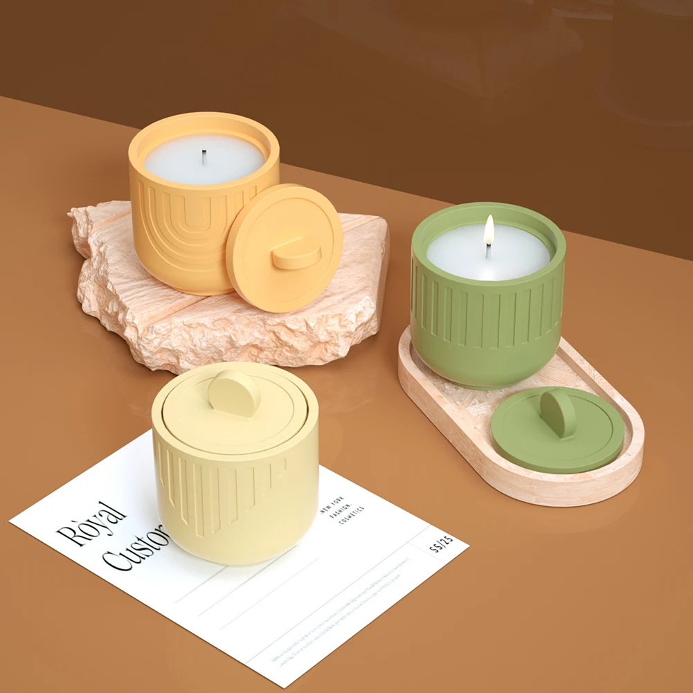 Candle Jar Molds Striped Round Pot Molds Candle Vessels With Lids Container Molds For Candlelight Dinner Home Decoration