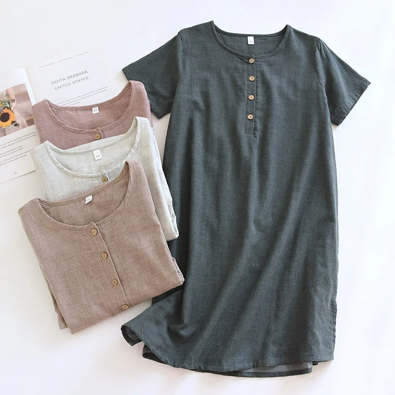 

Solid Color Short-sleeved Nightdress Spring and Summer Pure Cotton Women's Nightgowns Round Neck Loose Leisure Dress Loungewear