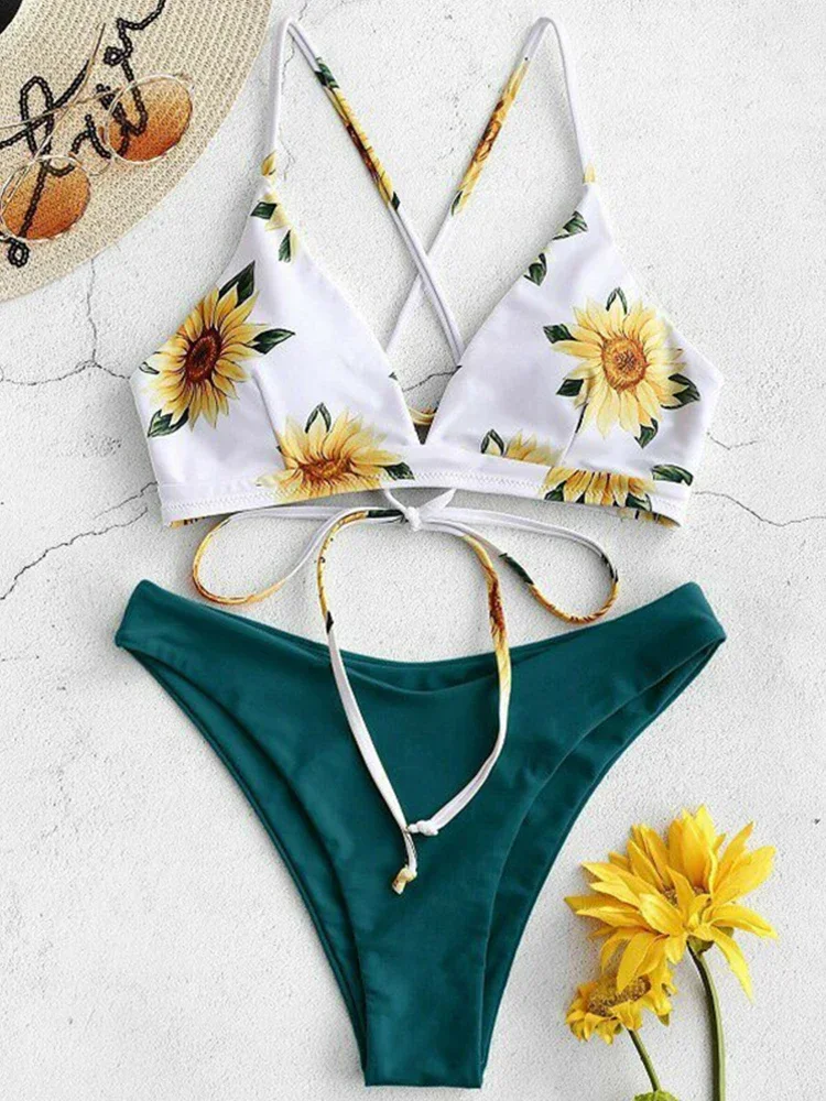 Sunflower Printed Bikini Set Sexy Swimwear Women 2024 Mujer Push Up Padded Biquini Bathers Bandage Bathing Suit Swimsuit Bikini