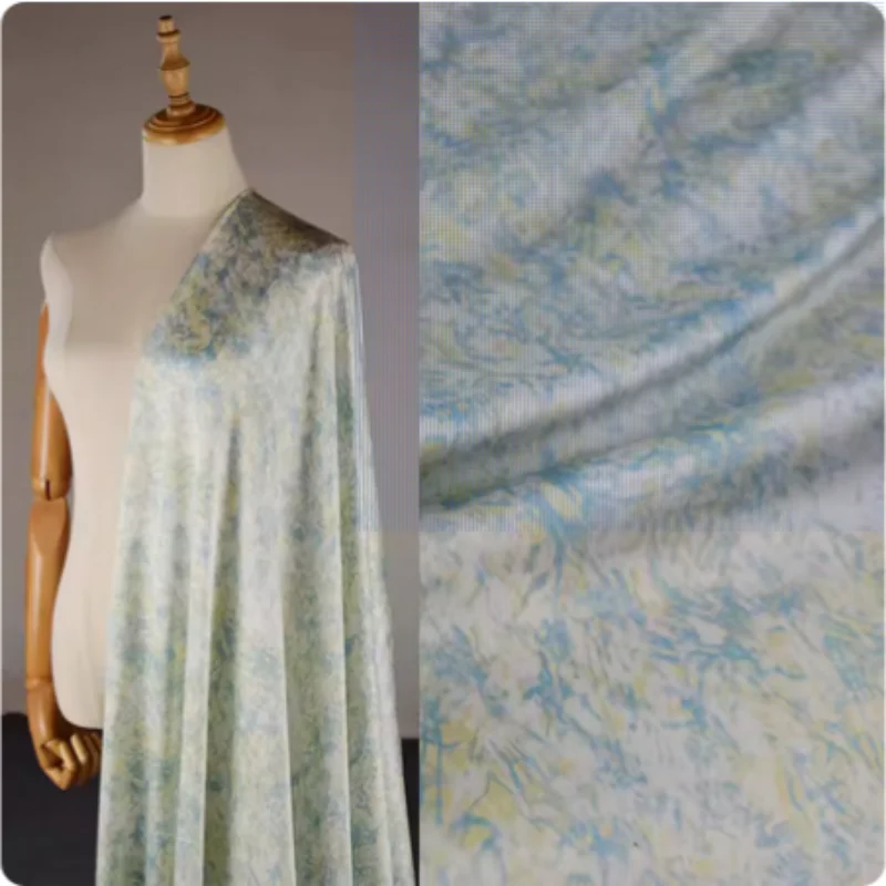 Elegante tessuto in Chiffon con stampa astratta fiore blu verde giallo, abito camicia, pigiama tessuto da cucito fatto a mano T2157