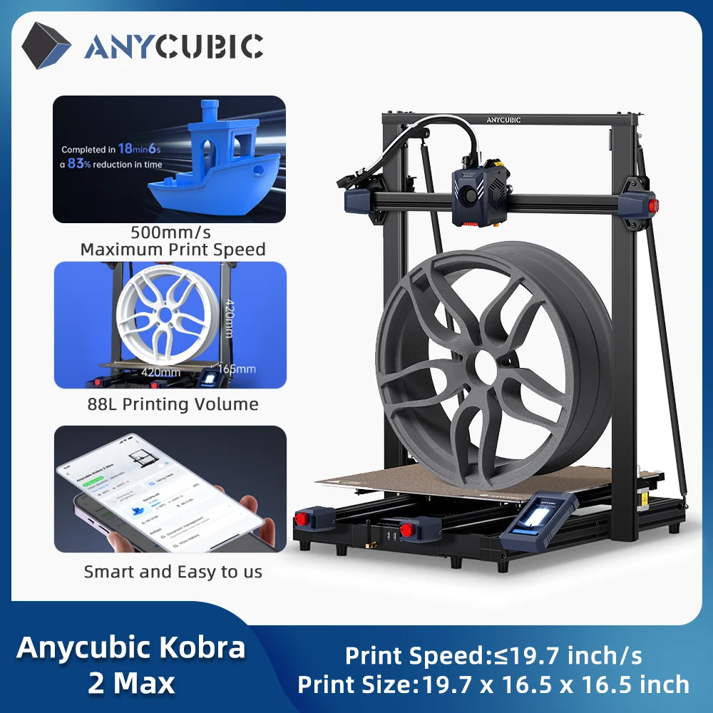 ANYCUBIC Kobra 2 Max FDM 3D-принтер с размером 19,7 x 16,5 x 16,5 дюймов, большой размер печати 500 мм/с, высокая скорость печати