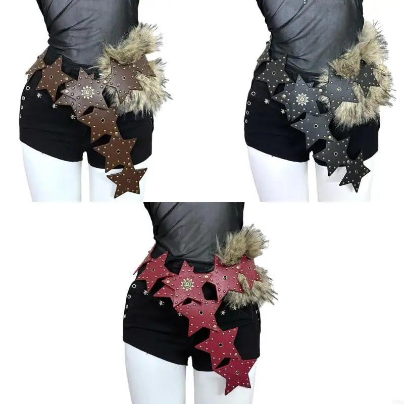

195E Ремень из искусственного меха в стиле панк со звездным дизайном, регулируемый аксессуар унисекс из искусственной кожи