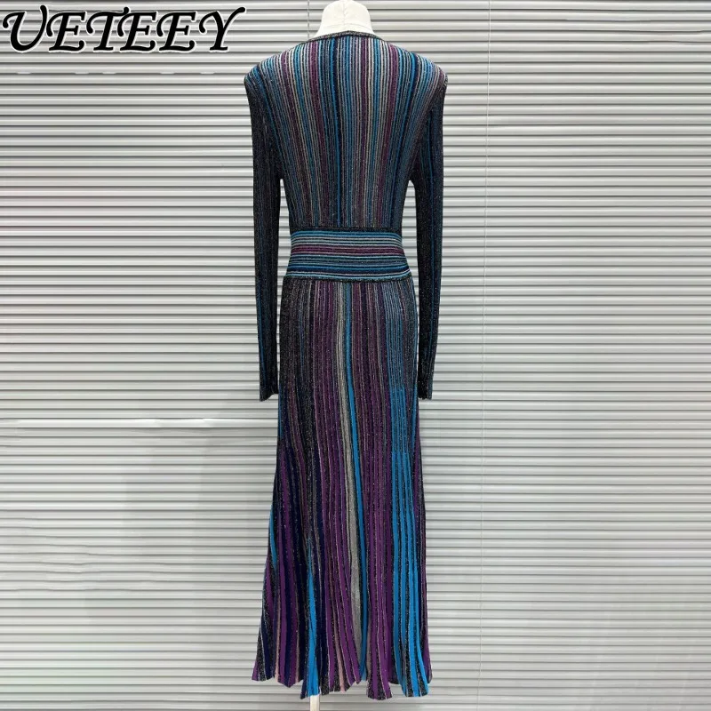 Spring Autumn New Temperament Striped Silver Thread Contrasting Colors Dress Slimming Long Sleeve V-neck Knitted Pleated Dresses
