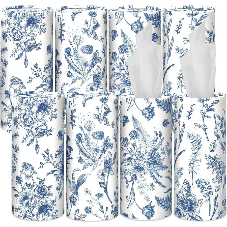 

8 Pcs Floral Round Tissues Box Car Holder with Facial Tissue Bulk Blue Flower Travel Tubes for Car with 50 Sheets Cylinder Fac