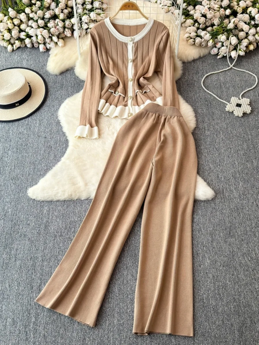 Women Autumn Winter Office Elegant Two-piece Sets Slim Long Sleeve Cardigan Tops + High Waist Wide Leg Pants Set Casual Outfits