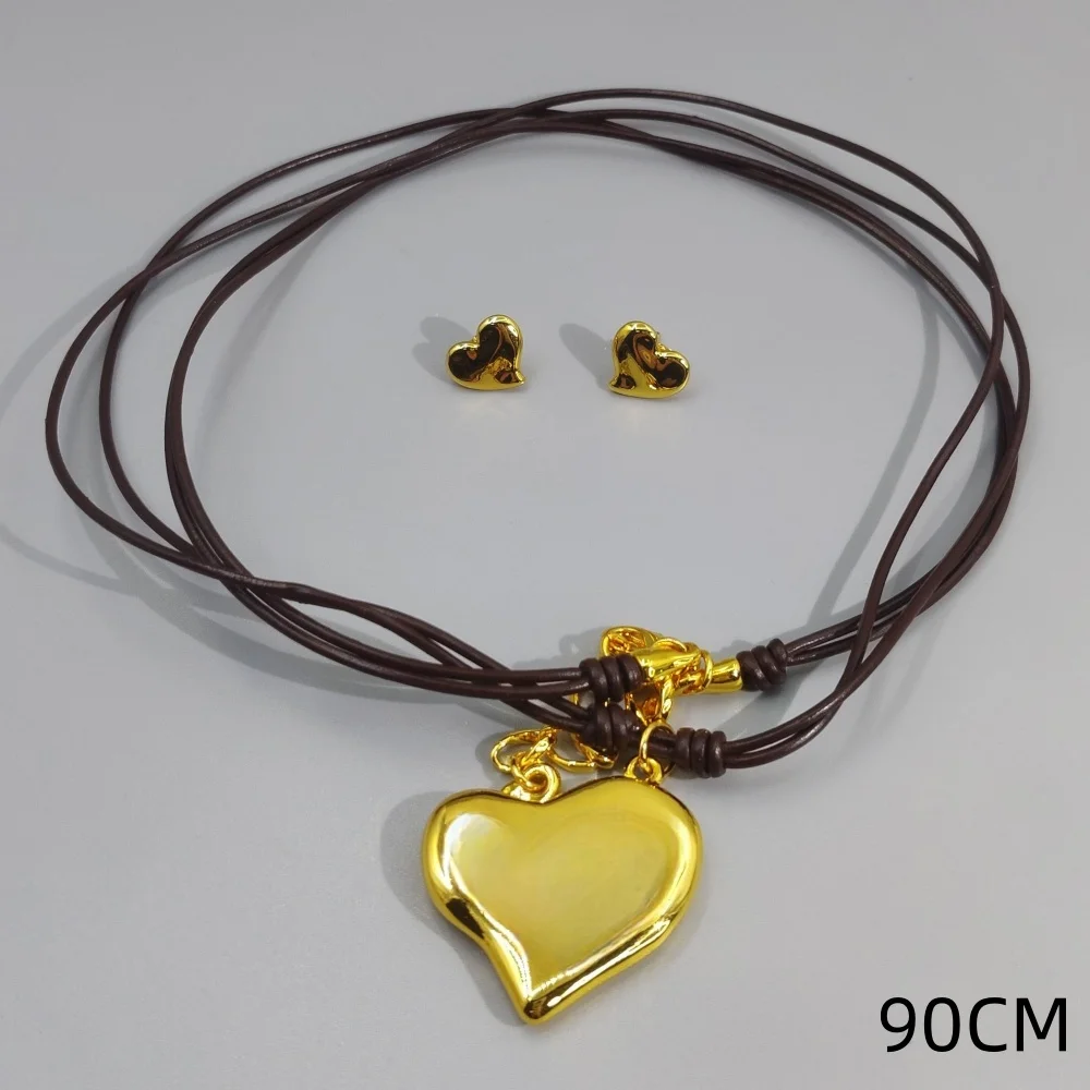 2026 Spring Daily Leisure Style Gold Silver Heart shaped Earrings Leather Rope Necklace Jewelry Two Piece Set Party Gift