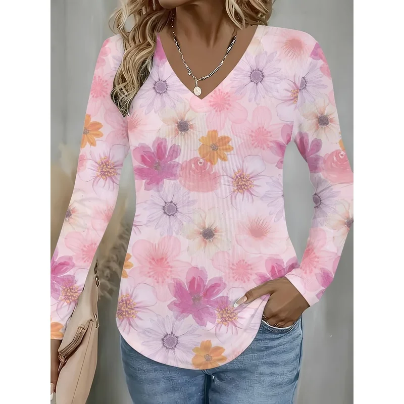 Womens Floral Print Long Sleeve V Neck T Shirt Casual Comfy Summer Spring Tops Trendy Fashion Blouse Ideal Present For Mom And F