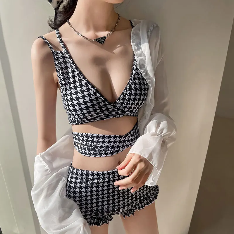 Sexy Bikini Three Sets of Hot Springs High Waist Thousand Bird Grid Split Swimsuit Female Suitable for Beach Volleyball Swimming