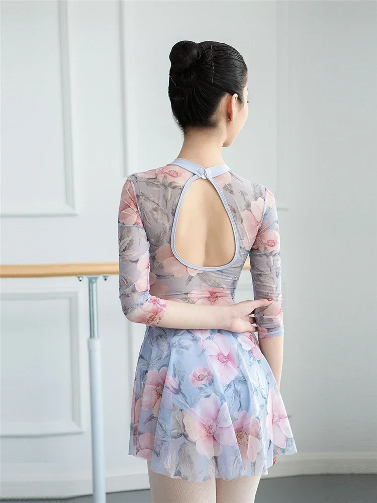 Printed Gymnastic Female Adult Dance Basic Leotard for Girls 3/4 Sleeve Wear Professional Ballet Training Dress