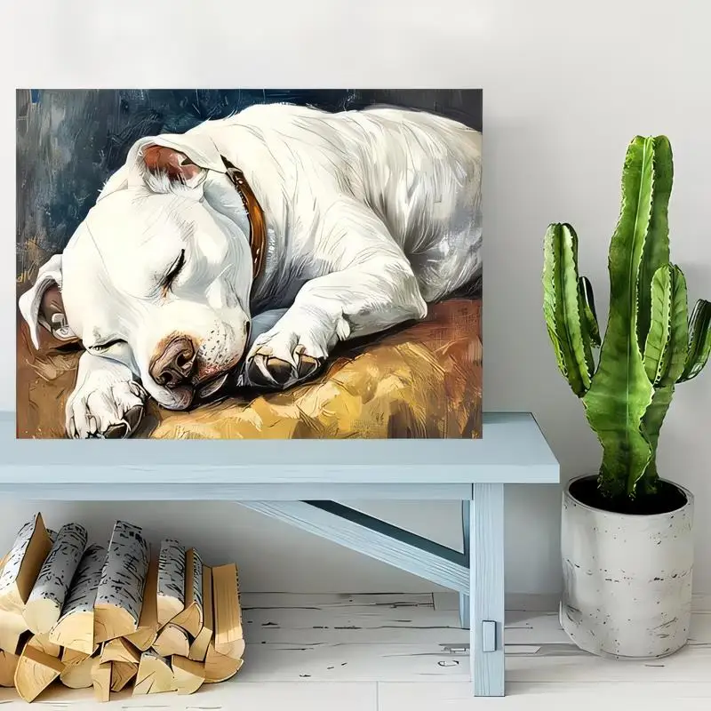 Painting - Style Sleeping White Dog Metal Wall Art - Iron, Realistic Design, Warm Tones, Perfect for Home/Living/Bedroom Decor