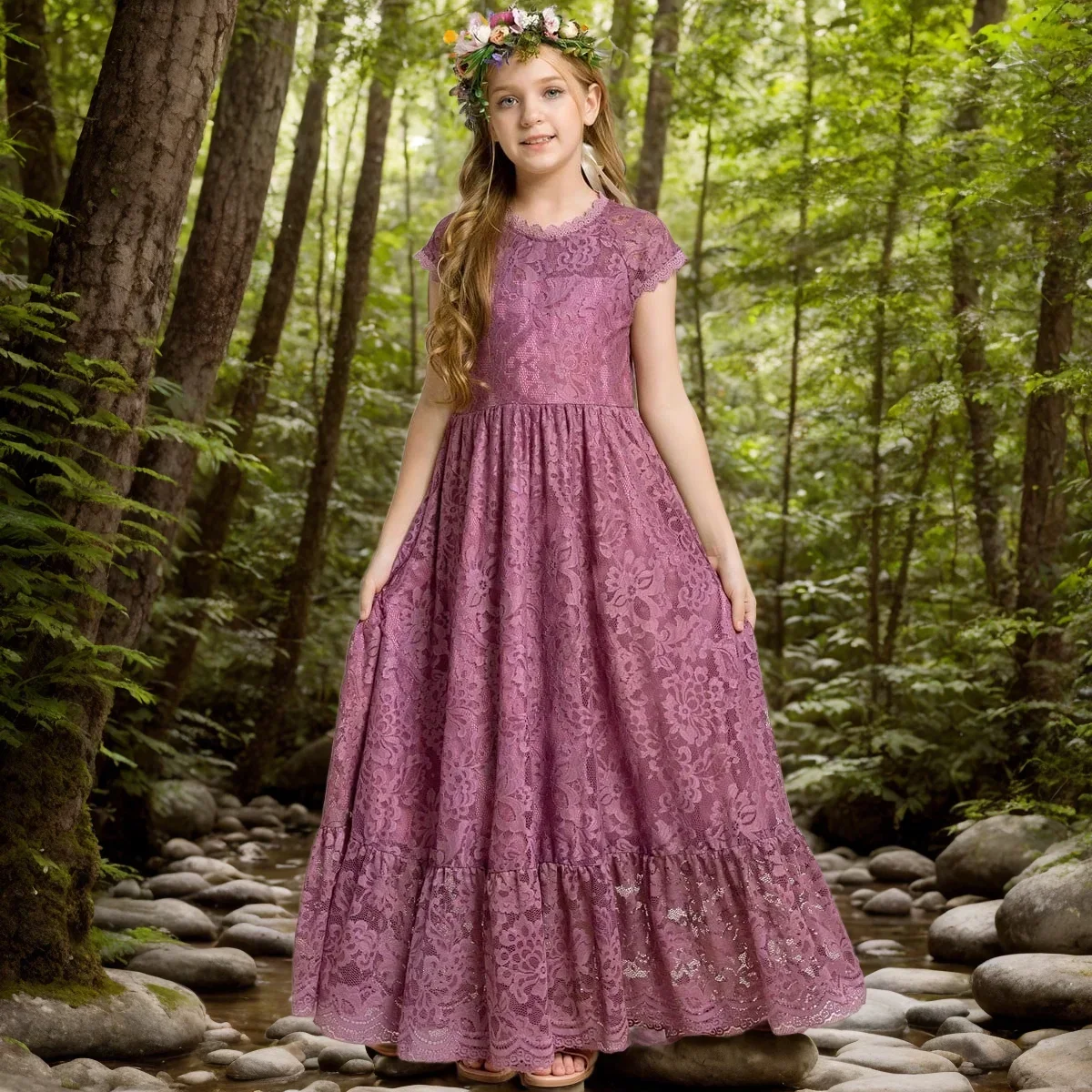 Princess Girls Lace Bohemia Long Dresses Baby Kids Flower Wedding Party Dress Cotton Lining Vestidos Costume Children Clothing