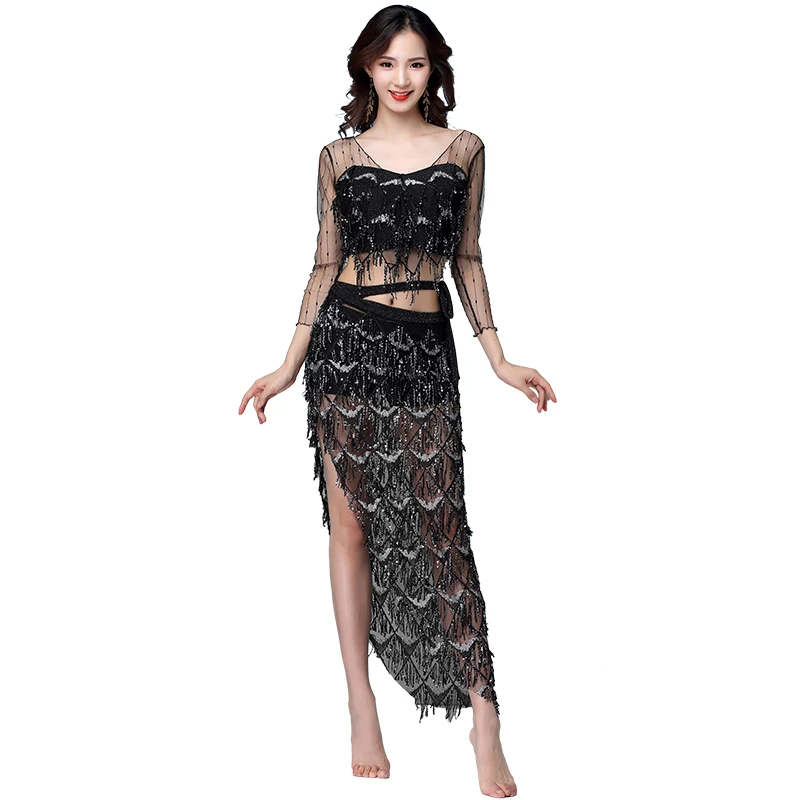 

Belly Dance 2024 Spring and Summer New Hip Scarf Sequined Tassel Long Skirt Suit Watch Performance Costumes Women