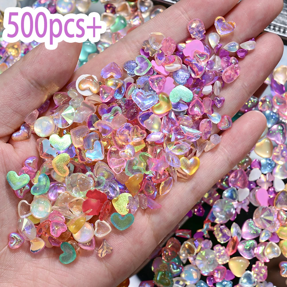 

500Pcs+ 3d Aurora Multicolor Heart Rhinestones Nail Art Decoration Resin Glitter Ice Crystal Heart Star Nail Gems DIY Accessorie