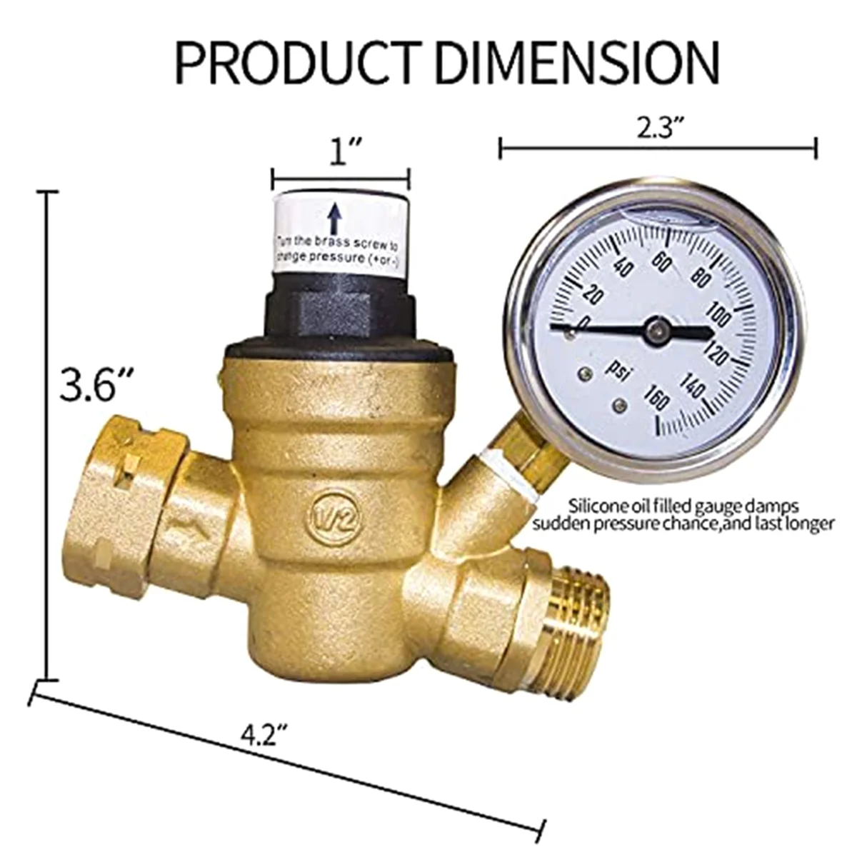 T45C_RV صمام منظم ضغط المياه النحاسي مع مقياس ومرشح مدخل لمقطورة التخييم