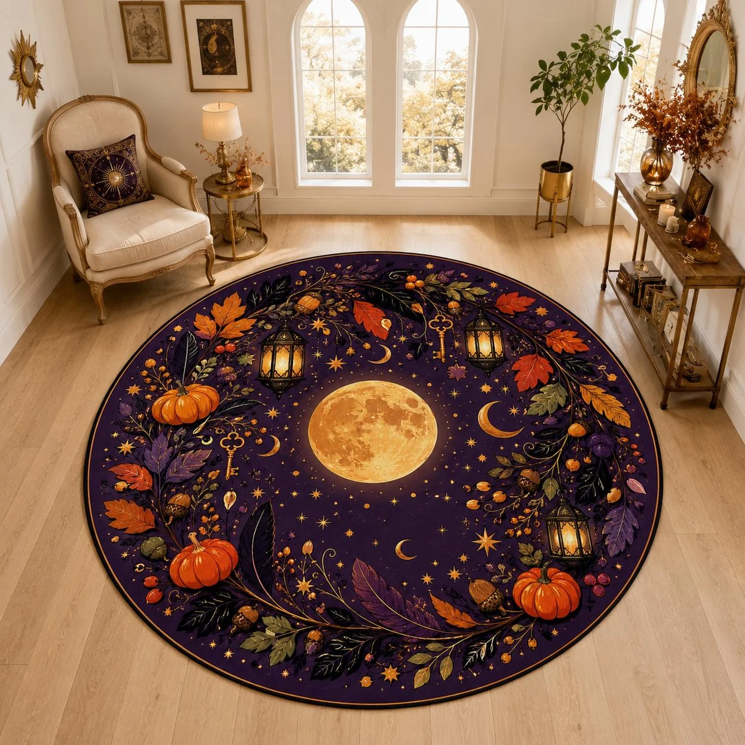 Harvest Moon Round Rug, Plant Autumn Rug, Mysterious Autumn Decor
