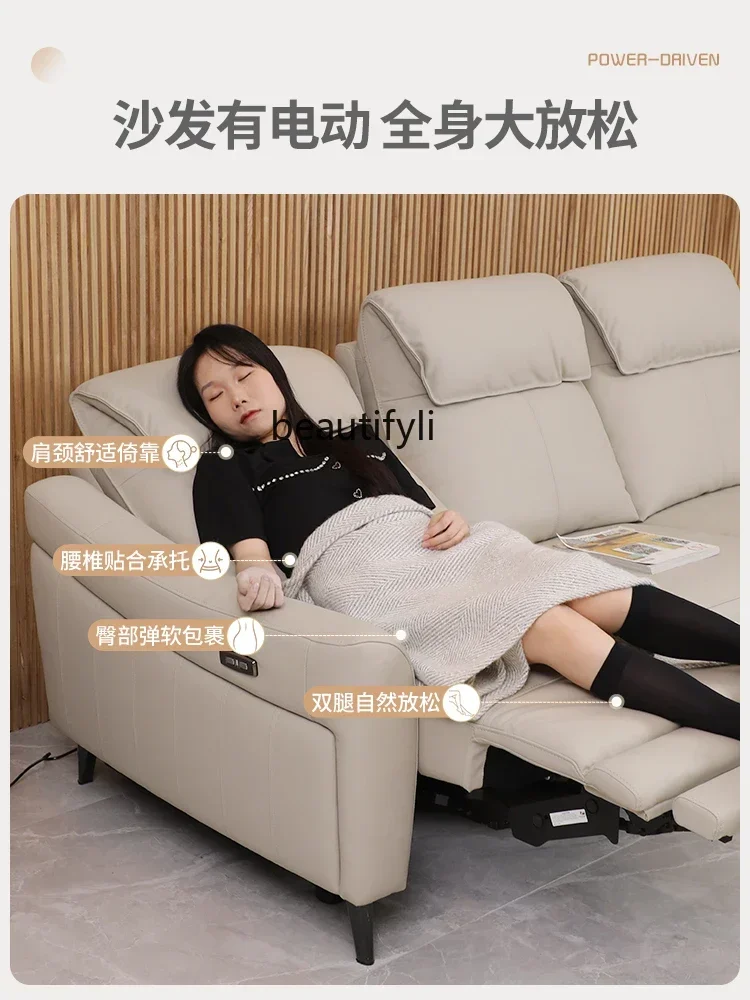 KK32 Functional Electric Leather Sofa Cream Style Living Room Retractable Sofa Light Luxury Leather Sofa