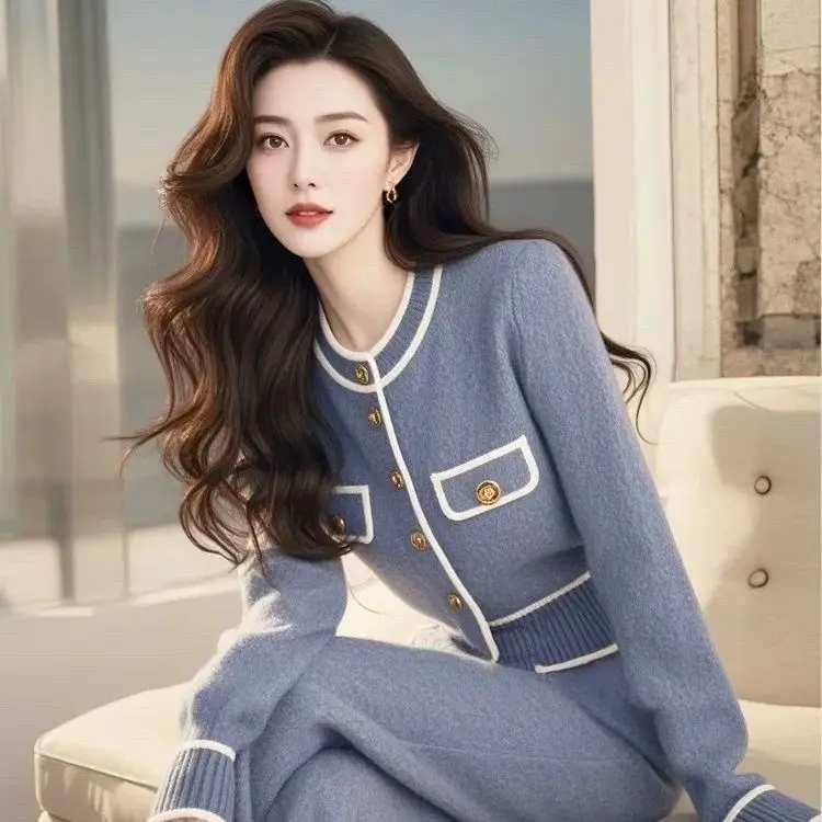 

New High Quality Luxury Knitted 2 Piece Sets Women Outfit Casual Contrast Color Cardigan Coat + Wide Leg Pants Fashion Suits