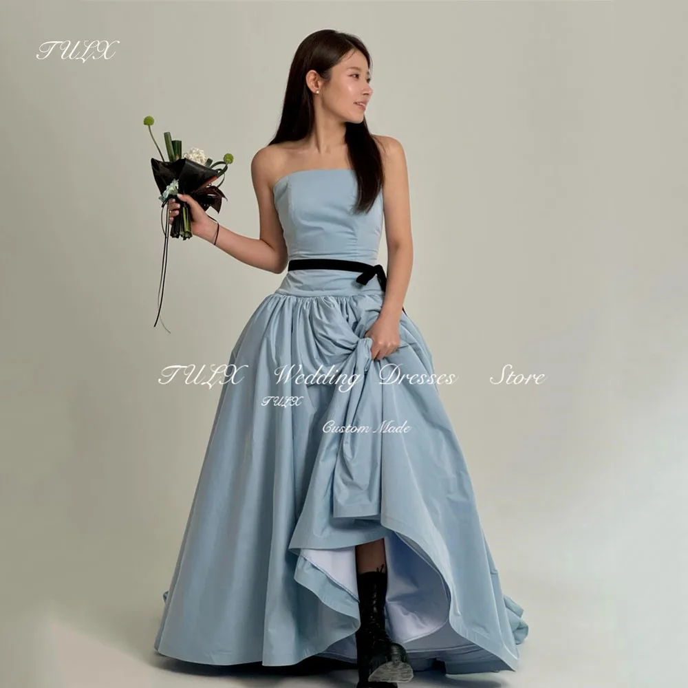 TULX Blue Korea Wedding Photo Shoot Dresses Sleeveless A-line Draped Bridal Gown Strapless Elegant Reception Dresses for Bride