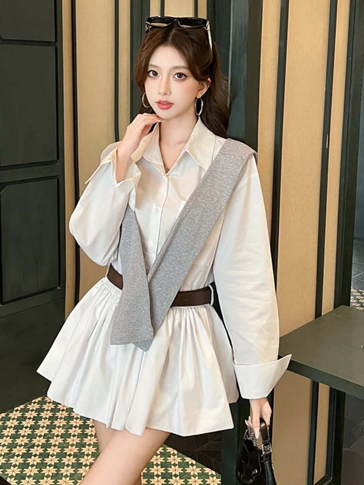 Koreaanse Mode Shirt Jurk voor Vrouwen Zoete Cape Riem Swing Korte Geplooide Jurk Vrouwelijke Dagelijkse Casual High Street Vestidos Mujer