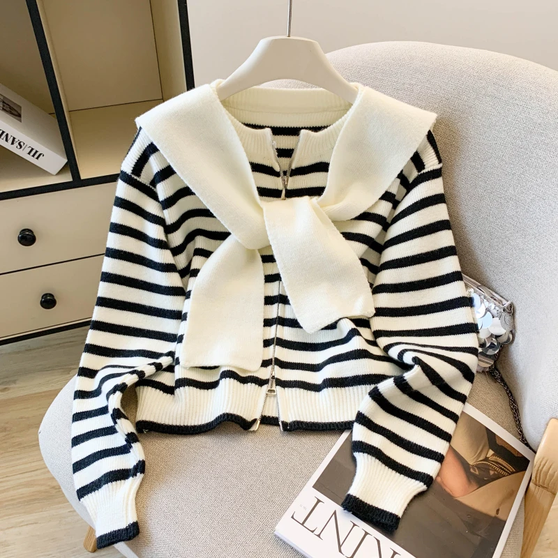 

Autumn Winter 2025 New Anti-Aging Double Zipper Striped Hooded Scarf Long Sve Knitted Sweater Women's Sle Korean Faion