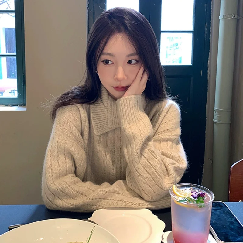 

100% pure wool sweater 2025 autumn and winter women's new style lapel knitted pullover sweater Korean fashion loose top