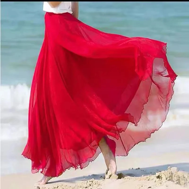 Beach Vacation Skirts Summer New Large Swing Bohemian Long Skirt Women High-grade Double Layer Bohemian Dance Chiffon Maxi Skirt