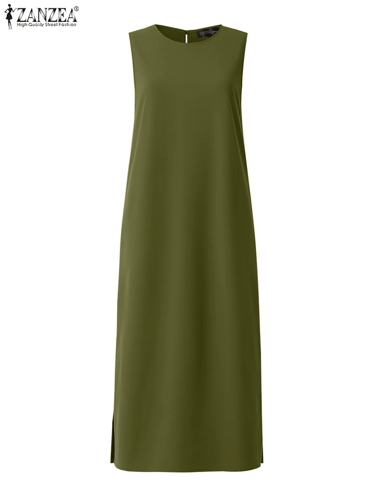 ZANZEA 2025 Summer Maxi Long Dress Women Sleeveless Sundress Elegant Work OL Dresses Casual O Neck Solid Vestidos Split Hem Robe
