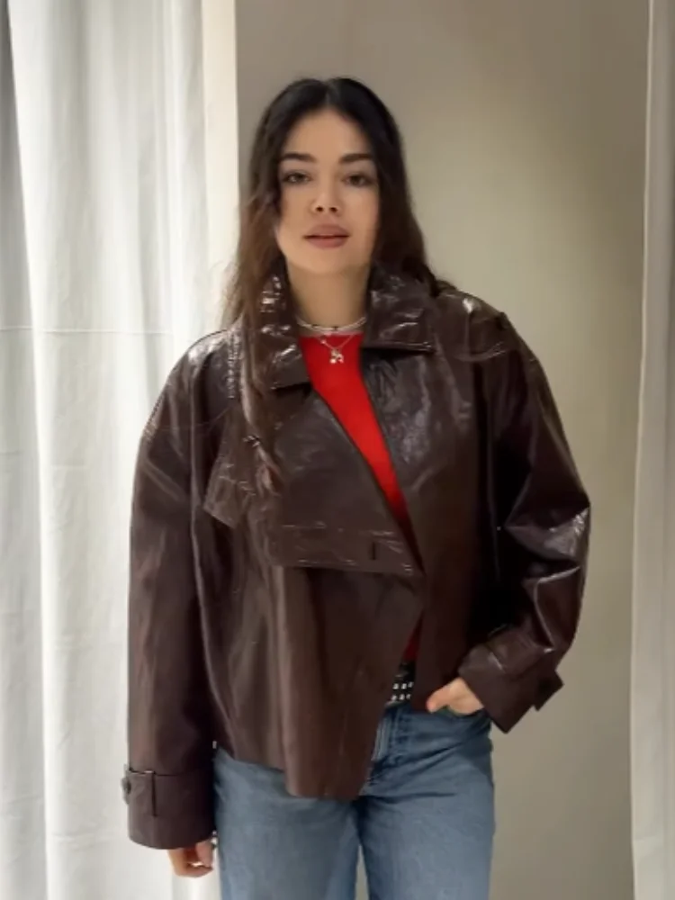 Street Stand Collar PU Leather Women's Jacket Red Long Sleeve Asymmetry Button Female Coat 2025 Autumn Lady Locomotive Outerwear