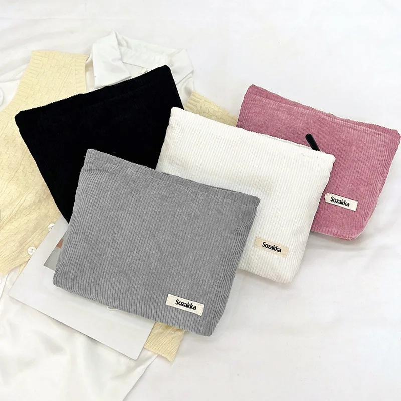 Women's Solid Color Corduroy Makeup Pouch Cosmetic Bag Zipper Drawstring Storage Bag Wash Skincare Toiletry Travel Organizer