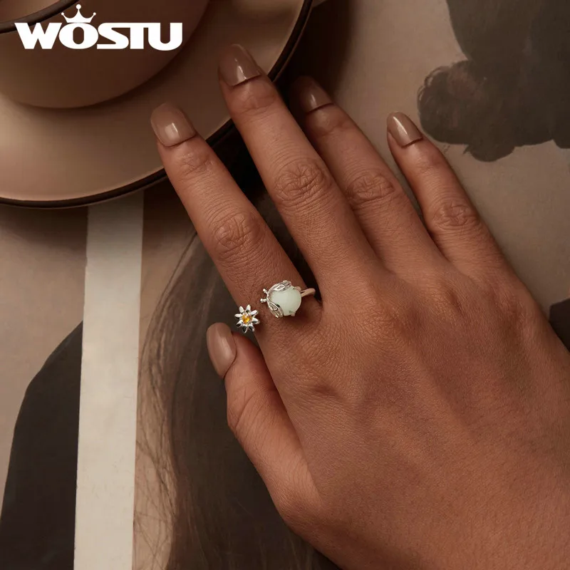 WOSTU 925 Sterling Silver Luminous Firefly Opening Ring For women Daisy Flower Stackable Glow In the Dark Rings Party Jewelries