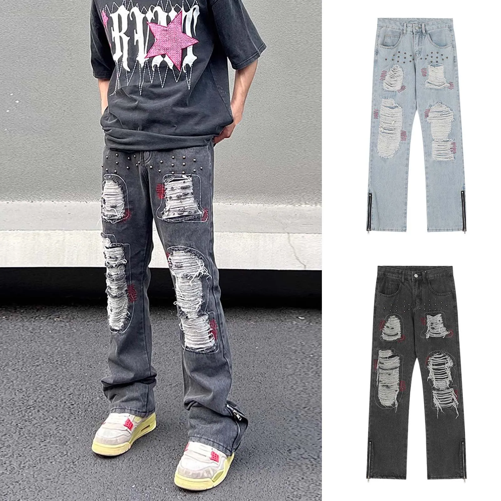 Teen Boy Baggy Ripped Jeans 90's Vintage Wide Legged Baggy Jeans Fashion Vintage High Waisted Jeans Foam Slip