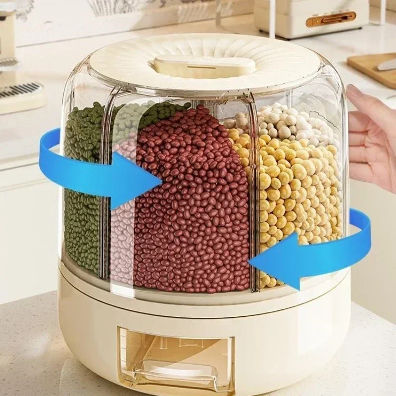 Grains storage box, rotatable rice bucket, sealed jar grid rice tank, food grade moisture-proof and insect-proof