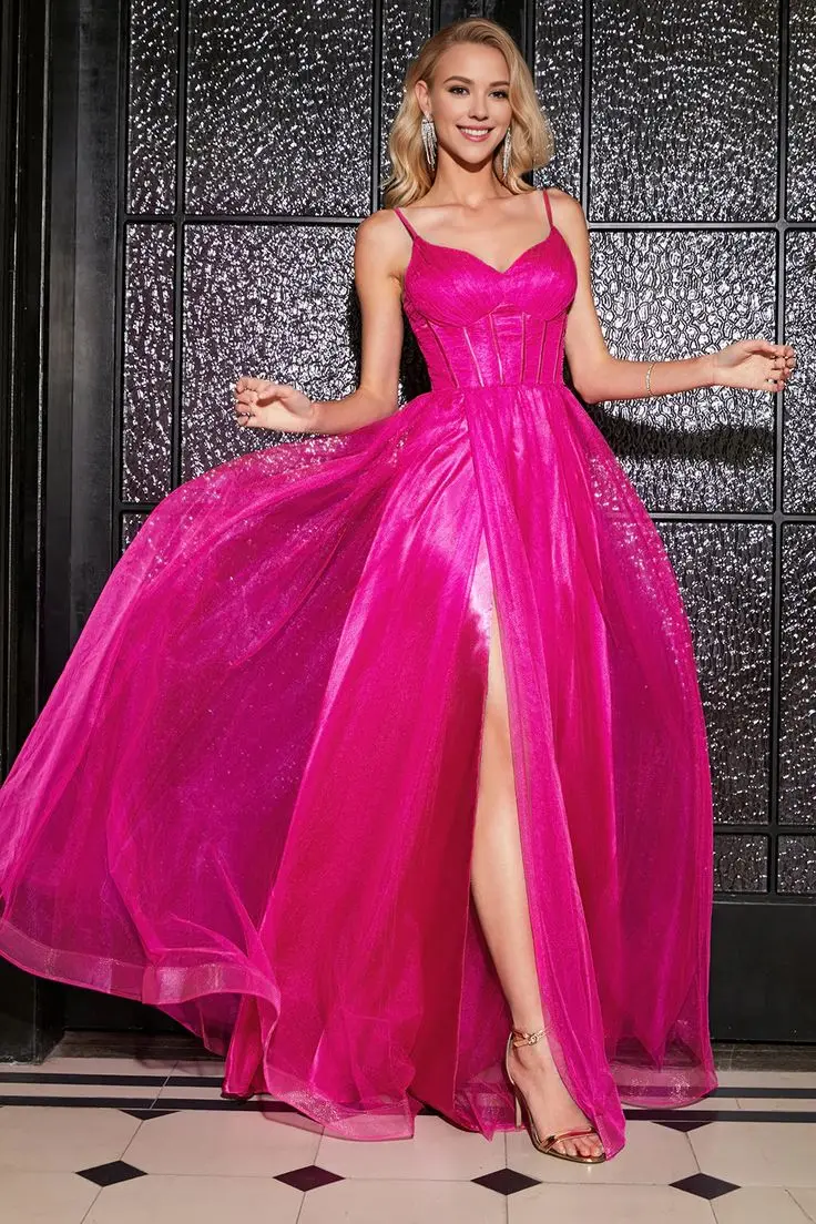 

Fuchsia Prom Dresses Long Floor Length with Slit Spaghetti Strap Glittery Tulle Formal Party Special Occasion Evening Gowns