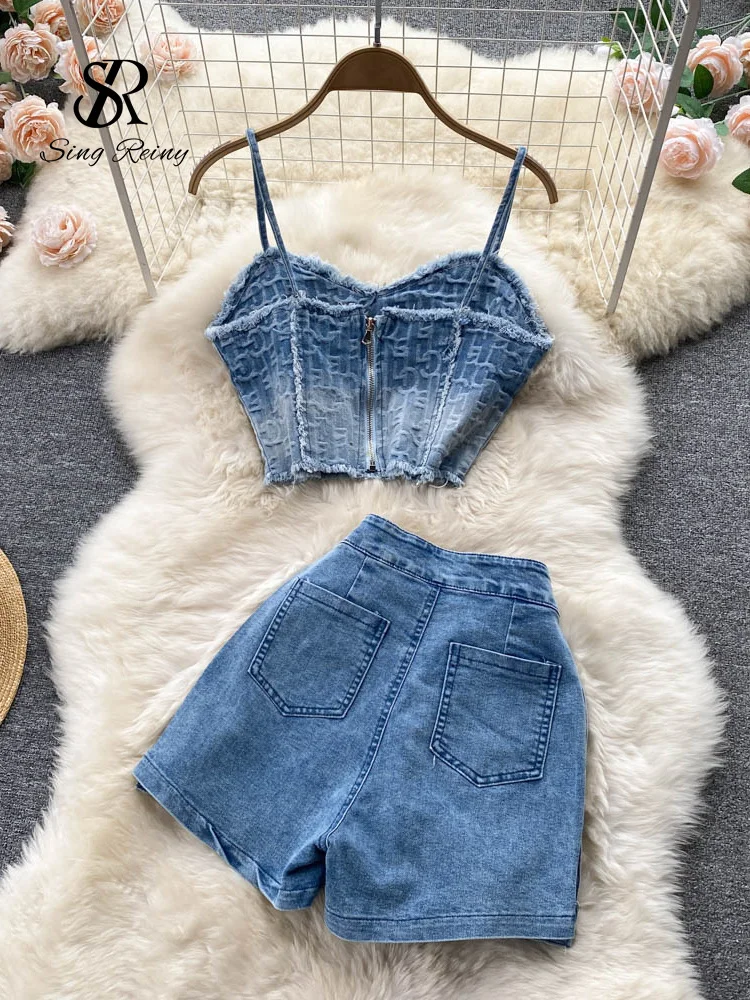 Babyoung Women Summer Sexy Denim Set Strapless Sling Zipper Design Tops + Short Button Mini Skirt Short Jeans Two Piece Suits